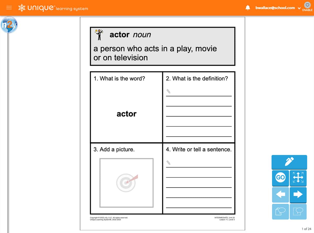 ULS vocabulary lesson on “actor” with definition and interactivity for students